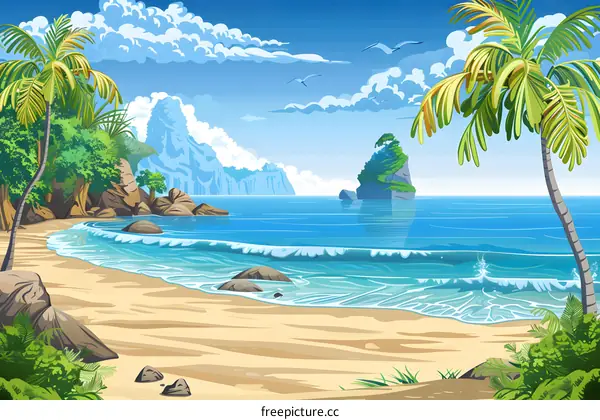 Tropical Beach Landscape Illustration with Palm Trees and Blue Ocean