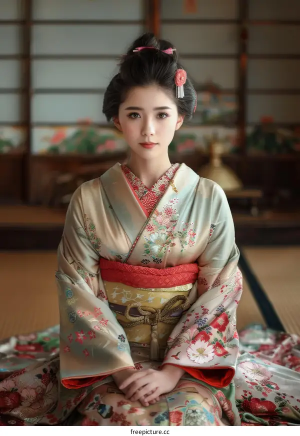 Portrait of a beautiful Japanese woman in traditional kimono