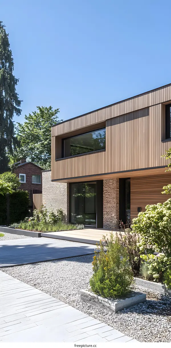 Modern Home with Wooden Siding and Gravel Driveway