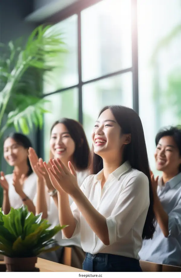 A group of four Asian women clapping and smiling in a bright room