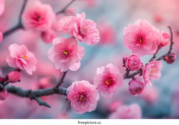 Pink cherry blossom flowers in full bloom on a branch with blurred background