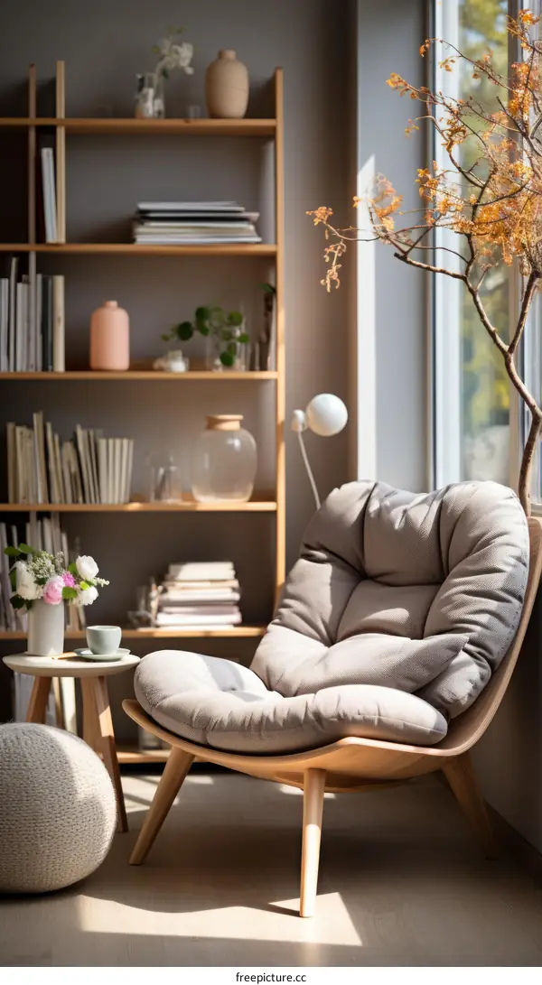 Cozy chair in living room with large window and bookshelf