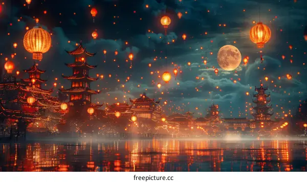 Lanterns over the Water Town at Night