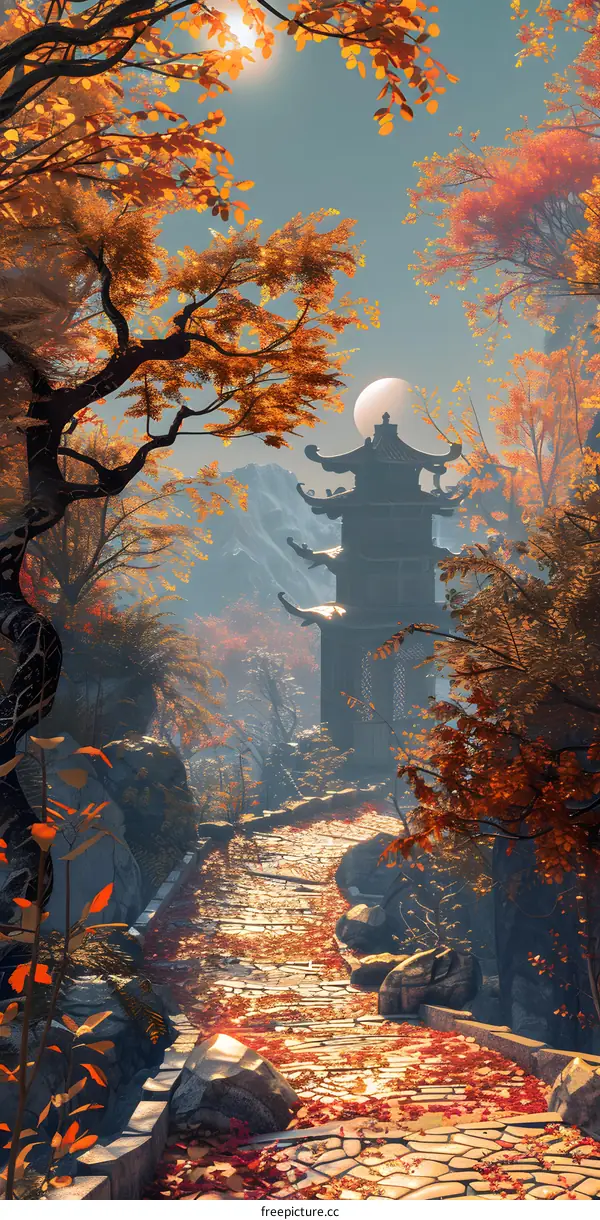 Autumn Pathway Leading to Ancient Pagoda in a Misty Mountain Landscape