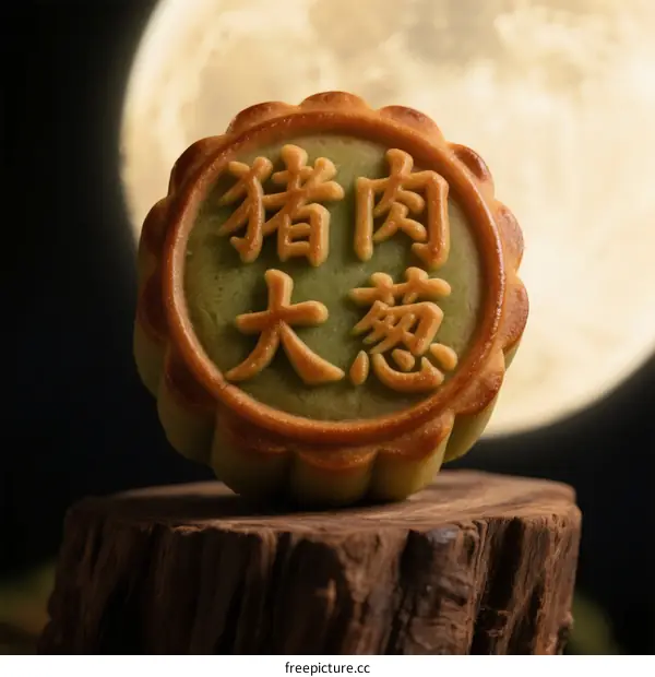 Mooncake with 'Pork and Scallion' inscription under the full moon