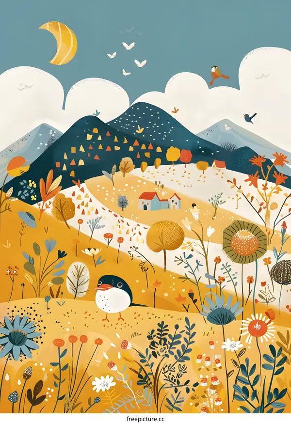 Cute Cartoon Birds and Flowers Landscape Illustration