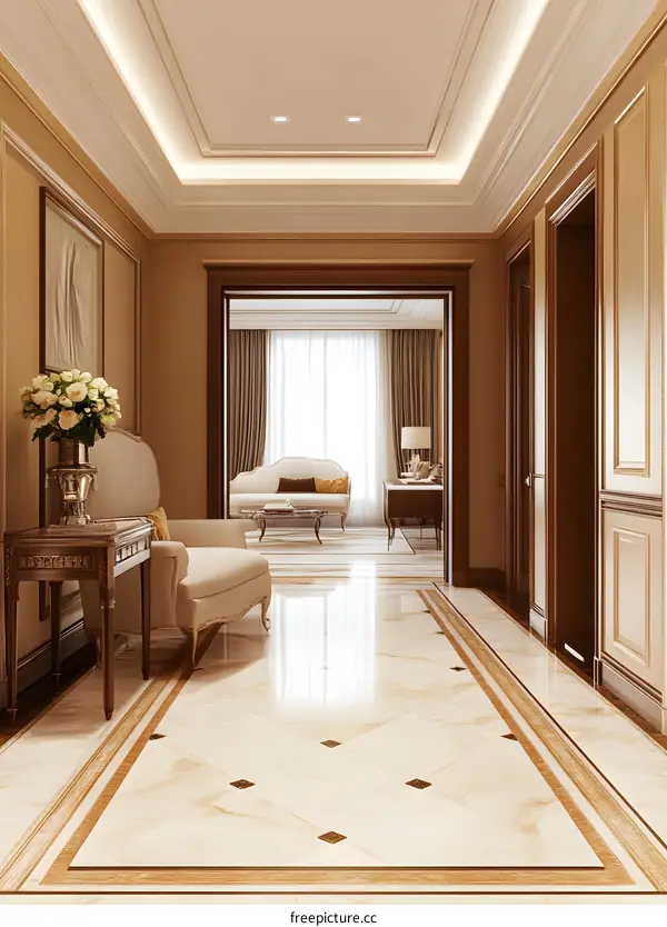 Luxury Interior Design Hallway with Marble Floor and Wooden Trim