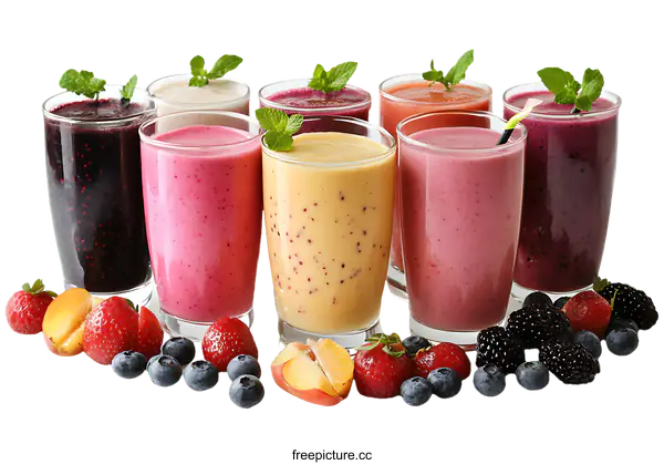[Transparent Background PNG]Assortment of Colorful Fruit Smoothies