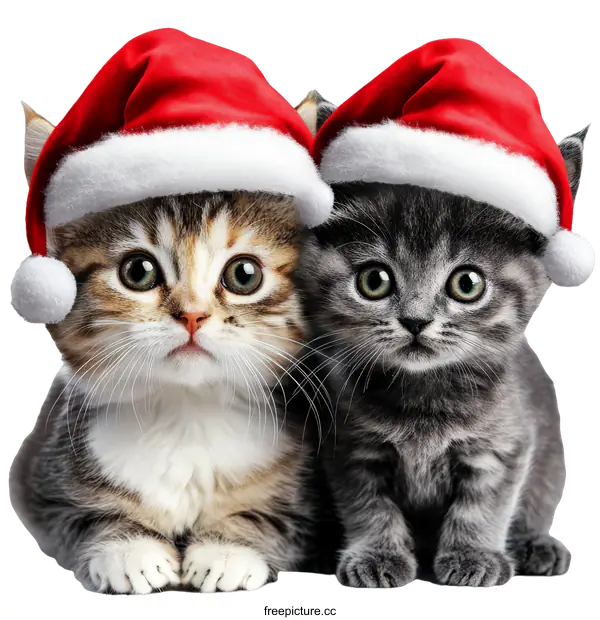 [Transparent Background PNG]Two Cute Kittens Wearing Santa Hats