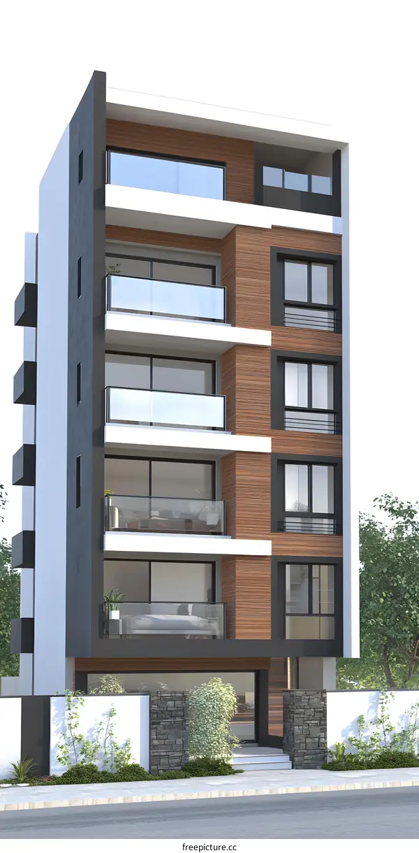 Modern Apartment Building With Balconies and Wooden Facade