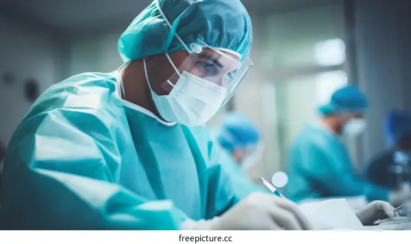Surgeon in protective gear writing notes during operation
