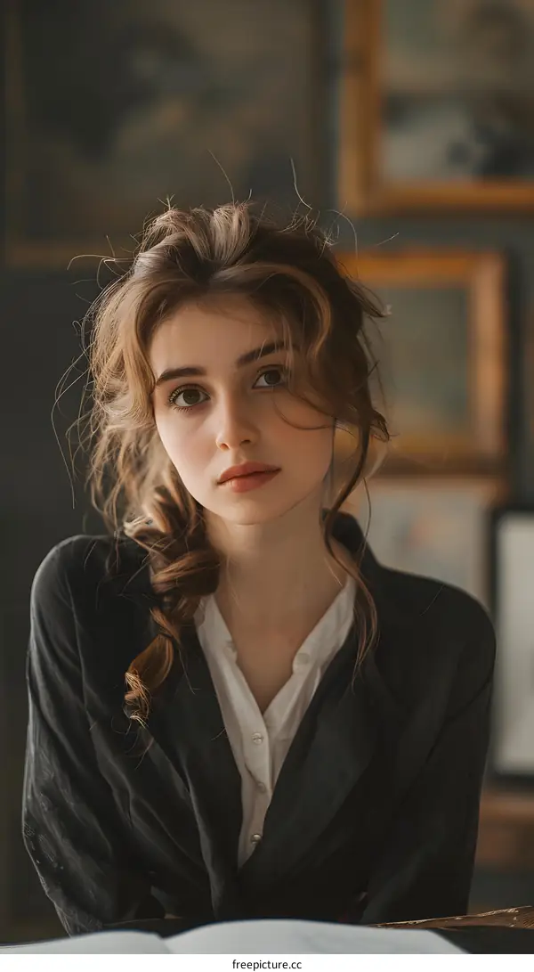 portrait of a beautiful young woman with brown hair wearing a white shirt and black jacket