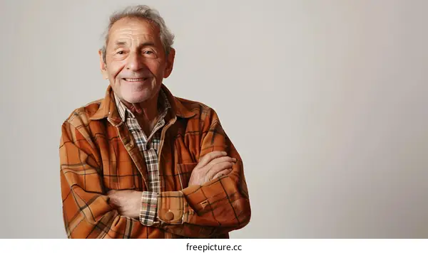 Portrait of Senior Man Smiling with Arms Crossed in Plaid Shirt