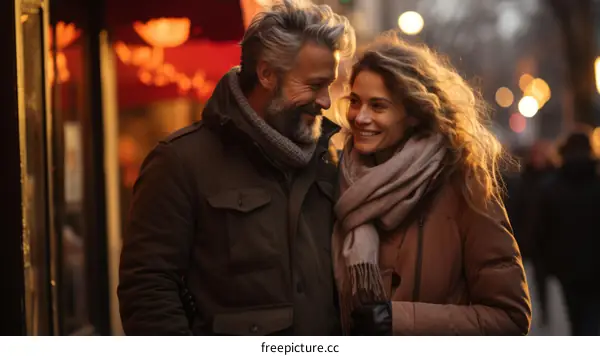 A loving couple is walking down the street