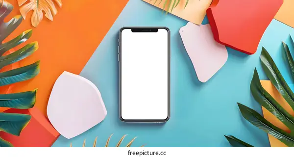 Mobile Phone Mockup with Tropical Leaves on Colorful Background