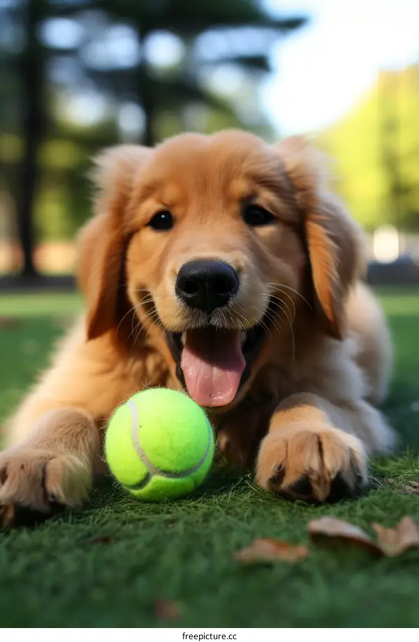 A Golden Retriever puppy playing with a tennis ball
