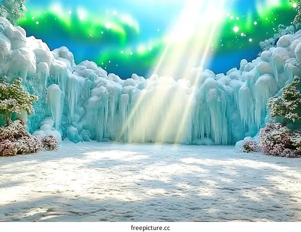Winter Wonderland with Frozen Waterfall and Aurora Borealis