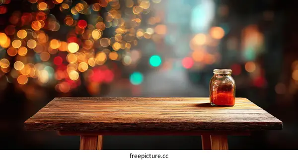 Empty Wooden Table with Blurred City Lights Background