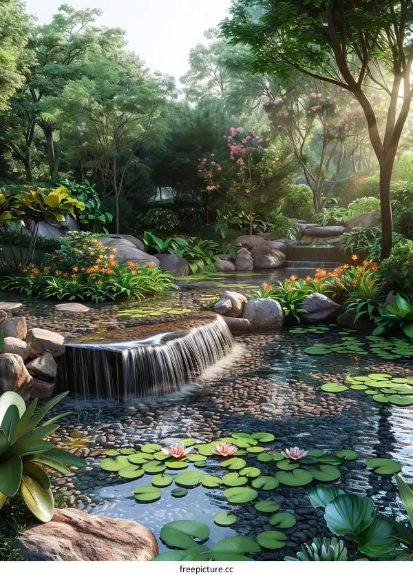 Serene Waterfall in a Lush Garden