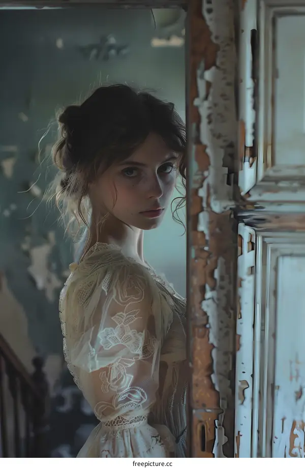 portrait of a girl in a vintage dress standing in a doorway