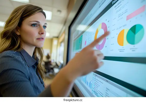 Woman Presenting Business Data on Large Screen
