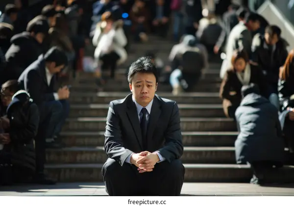 Despair salaryman sits on the steps in the middle of the crowd