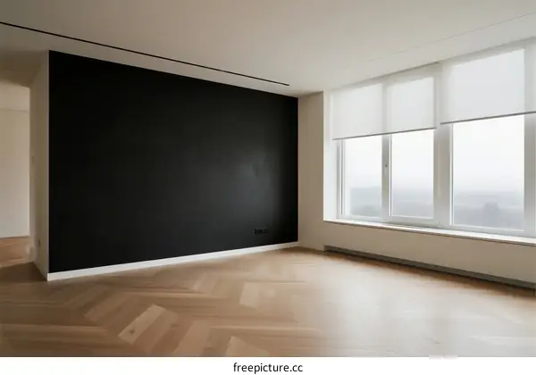 Modern empty room with black wall and large windows