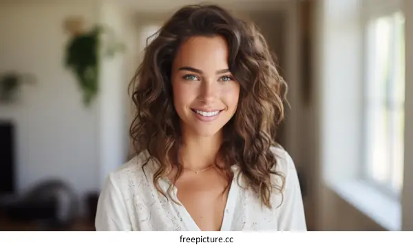 Portrait of a beautiful young woman with long brown hair and green eyes smiling wearing a white blouse