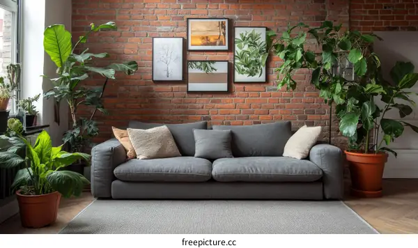 Modern Living Room with Plants and Brick Wall