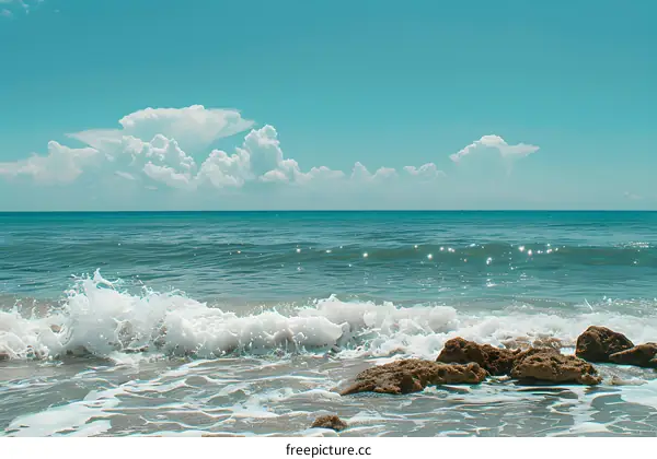 Beautiful Ocean Waves Crashing on the Shore with Rocks and Blue Sky