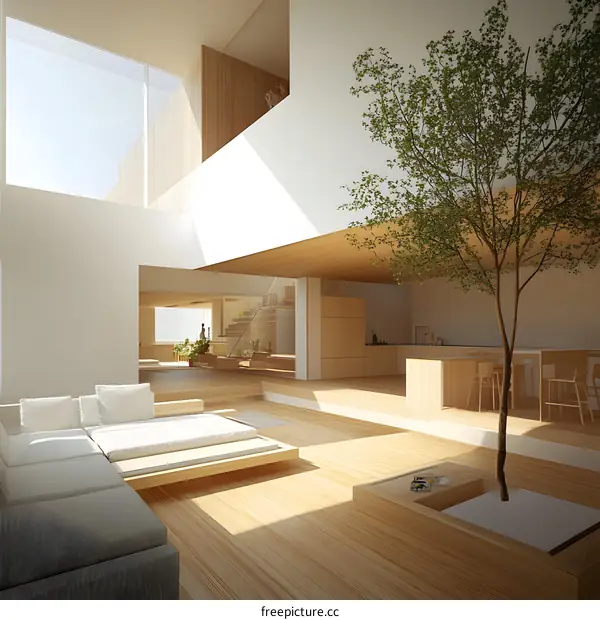 Modern Open Concept Home Interior Design with Wooden Flooring and a Small Tree