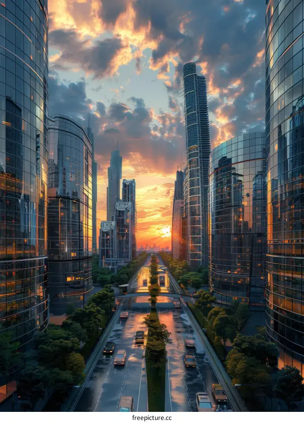 Sunset Cityscape with Modern Architecture