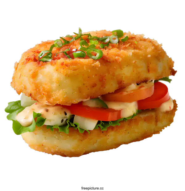 [Transparent Background PNG]A breaded fish patty sandwich with lettuce, tomato, and cucumber