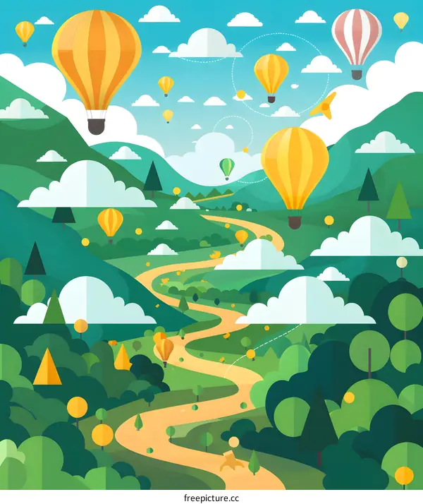 Hot Air Balloons Flying Over Winding Road In Lush Green Landscape