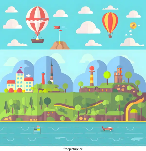 Flat Design Illustration Of A Fantasy World With Hot Air Balloons And A Small Plane