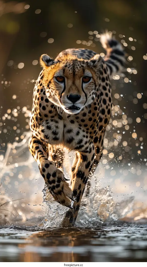 Cheetah Running Through Water in the African Savanna