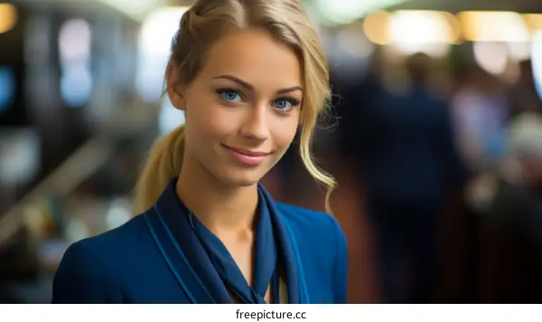 Portrait of a beautiful blonde woman in a blue suit
