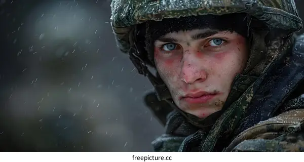 Portrait of a young soldier in the snow