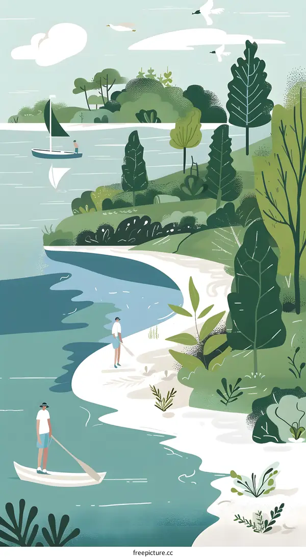 Summer Day on the River with Sailboat and People Rowing a Boat