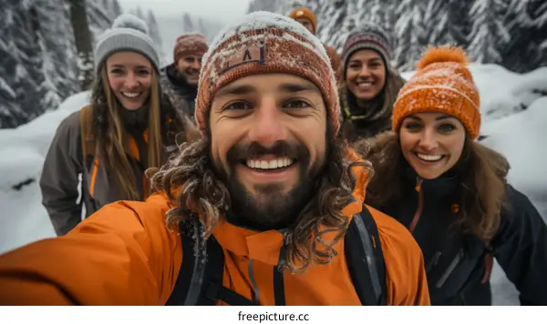 A group of friends hiking in the snow