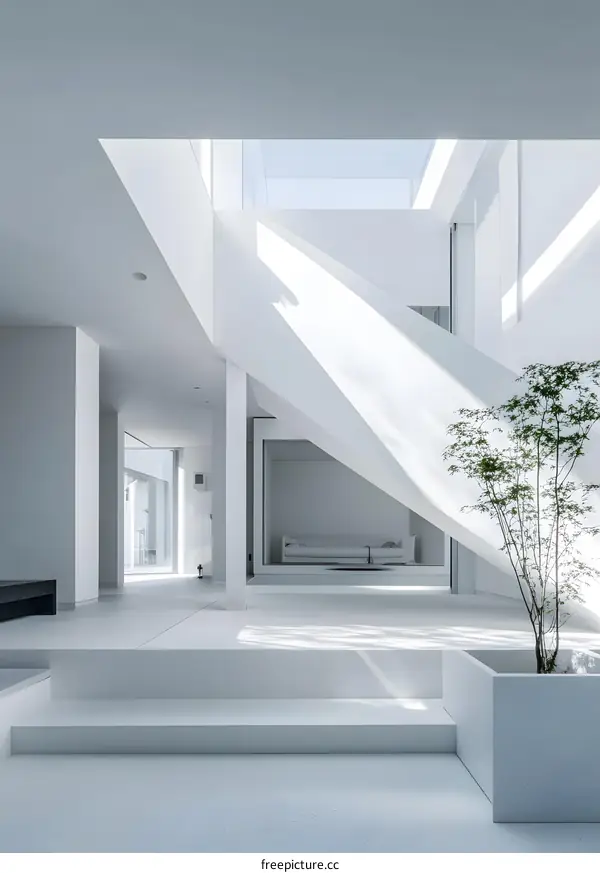 Modern Minimalist Interior Design with White Walls and Skylight