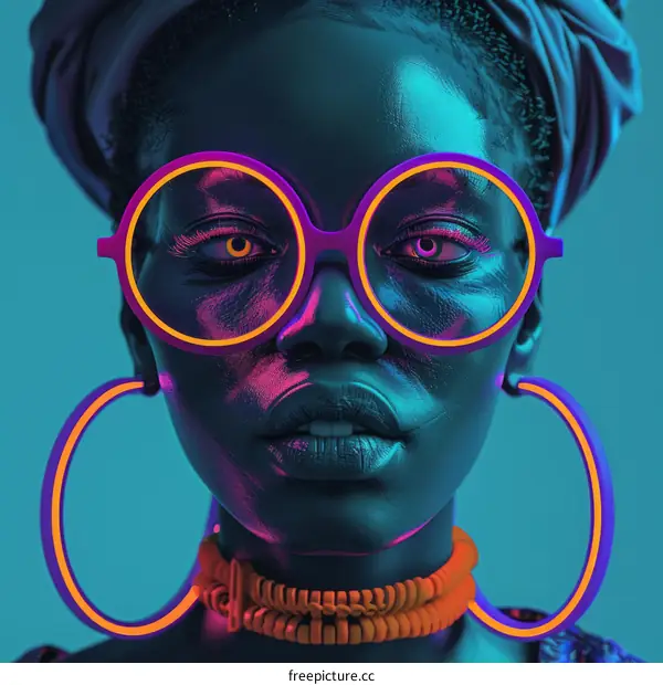 Vibrant Portrait of a Black Woman with Headscarf and Glasses