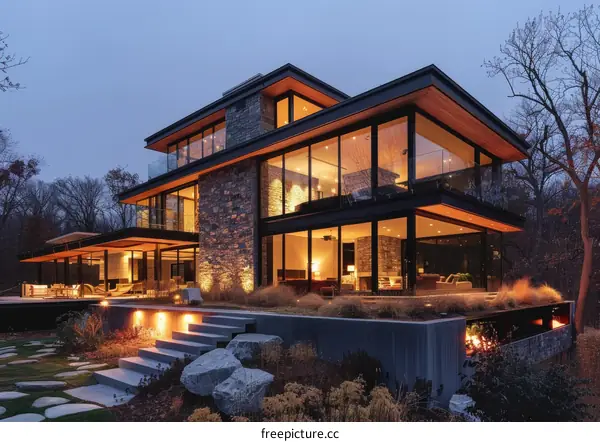 A Modern House With Large Glass Windows