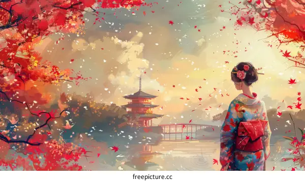 A woman in a kimono standing in a snowy forest with a pagoda in the background