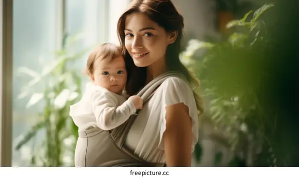 A young mother is carrying her baby in a baby carrier