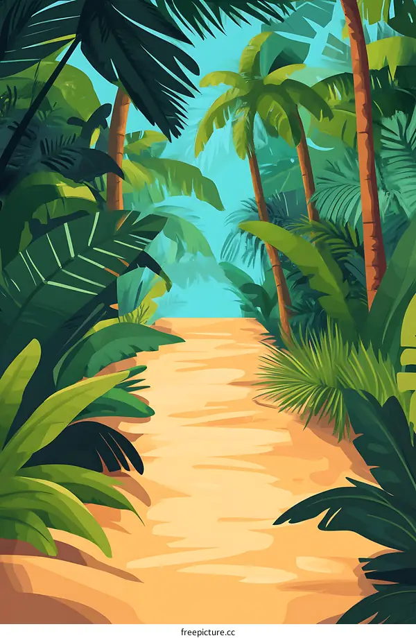 Tropical Jungle Path with Palm Trees Illustration