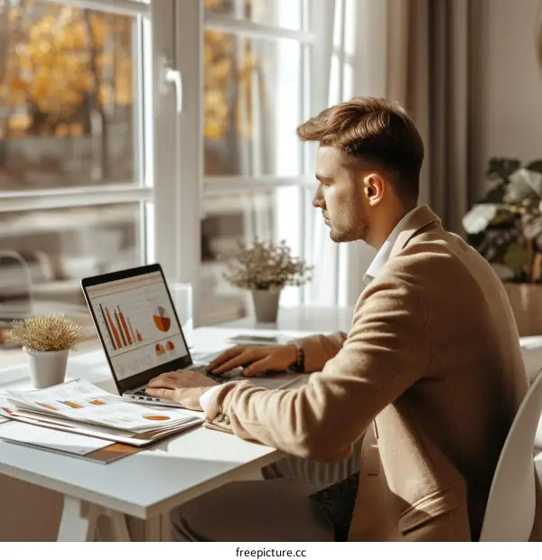 Young businessman working on laptop in home office