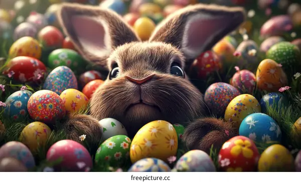 Easter Bunny Hiding Among Colorful Eggs