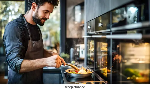 Man Cooking Delicious Meal in Modern Kitchen