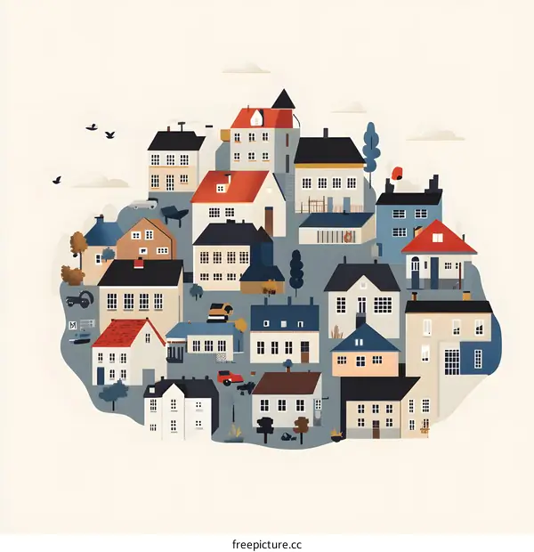 Colorful Illustration Of A Town With Houses